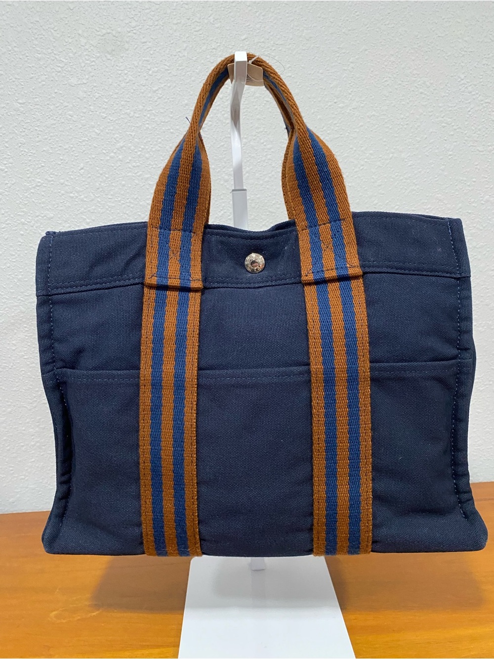 Navy Canvas Tote Bag with Striped Brown Handles